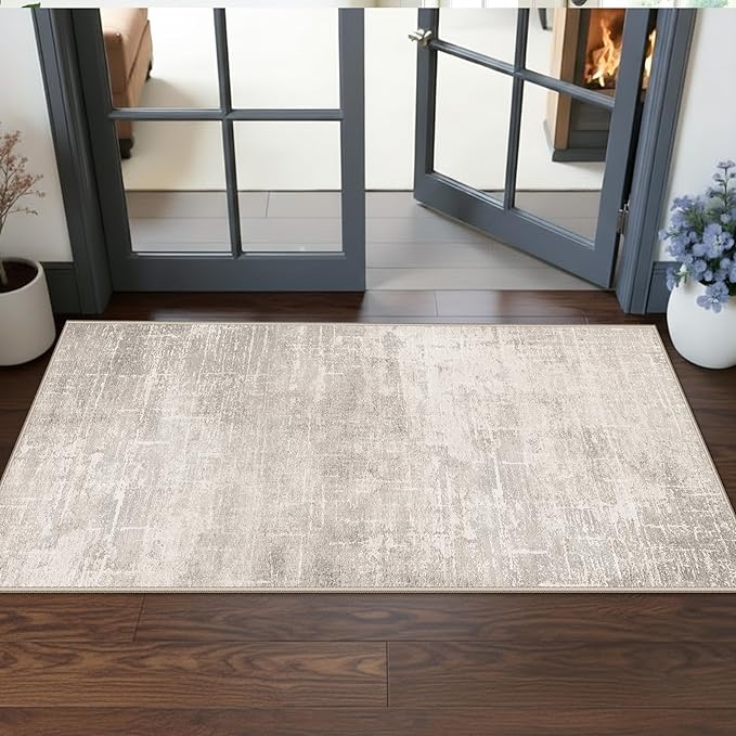 Washable 2x5 Kitchen Runner Rug: Abstract Water Resistant Sink Stove Entryway Rug Soft Living Room Bedroom Beside Carpet Thin Low Pile Non-Slip Hallway Bathroom Laundry Room Floor Mat(2X5,Beige/Cream)