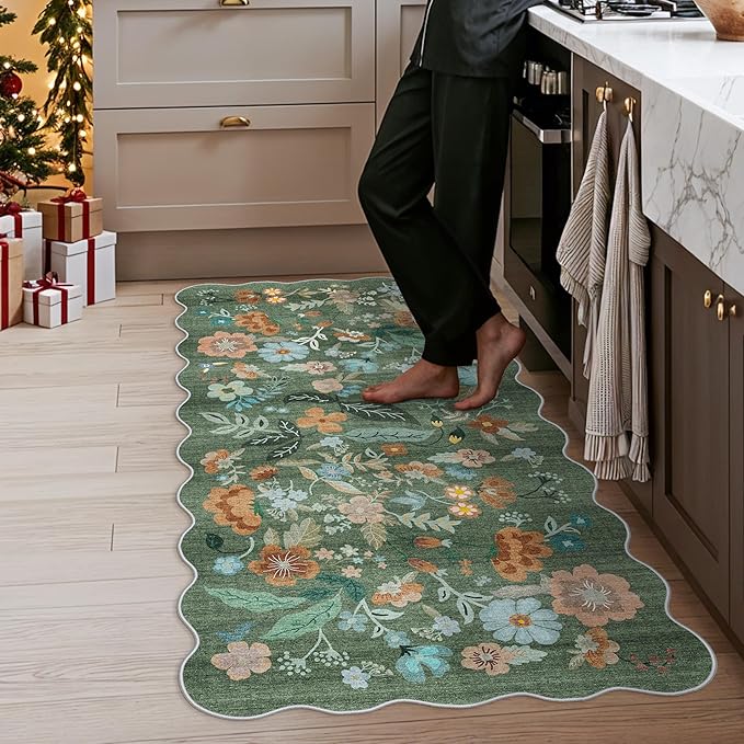 Hallway 3x6 Washable Runner Rug - Indoor Floral Scalloped Kitchen Entryway Low Pile Carpet Soft Non Slip Floor Mat for Bathroom Living Room Bedroom Elegant Home Decor(3x6 Floral/Green)