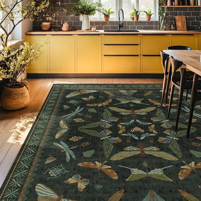 Hazo Haus 7x9 Insect Dark Green Rugs for Living Room, Boho & Forest Design Area Rug for Dining Room Under Table, Bedroom, Unique Washable Floral Non Slip Low Pile Soft Rug
