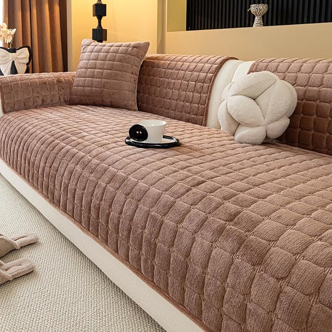 Velvet Couch Cover, Plush Sectional Sofa Cover Washable, Anti Slip Sofa Slipcover for Loveseat, Furniture Protector Covers for Pets & Kids(1PC, Dark Brown, 35.4"×47.2", Loveseat)