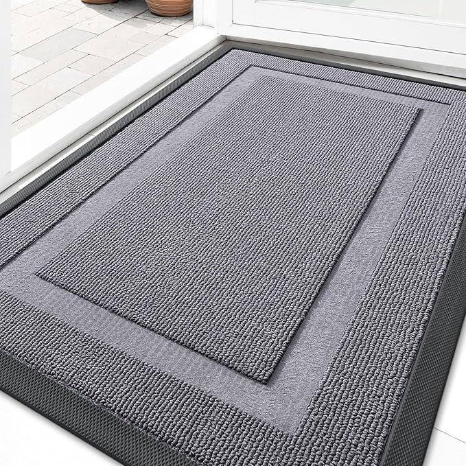 OLANLY Front Door Mat Indoor Outdoor Entrance, Waterproof All-Season, All-Weather Doormat, Sturdy Natural Rubber, Low Profile, Easy Clean Patio Porch Entryway Mat, 29.5x17, Classic Gray
