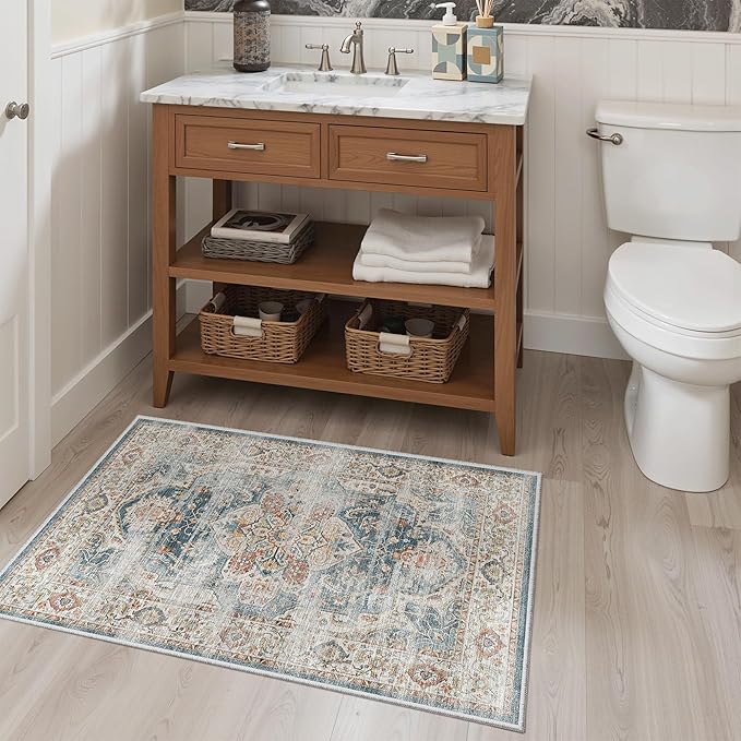 Madane Washable Area Rug 2x3, Small Entryway Rug Non-Slip Vintage Door Mat Indoor Entrance, Low Pile Floor Carpet for Inside Front Door Bedroom Kitchen Entry Laundry (2'x3', Navy)