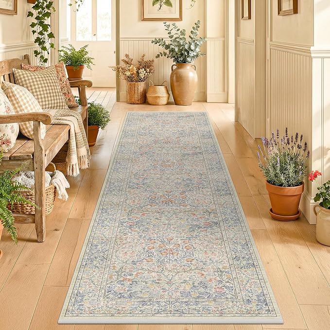 Beige Blue Washable 2x8 Runner Rug for Bathroom, Hallway, Kitchen, Non-Slip & Stain Resistant 8ft Long Entryway Floor Rug, Retro Boho Floral Décor