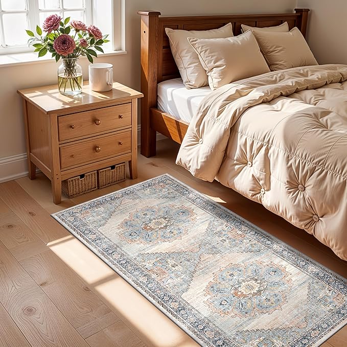 TOPRUUG 2x5 Hallway Runner Rug: Washable Non-Slip Rugs for Kitchen Vintage Water Resistant Entryway Rug Ultra-Thin Soft Living Room Bedroom Carpet Low Pile Durable Floor Mat for Bathroom (Blue, 2X5)