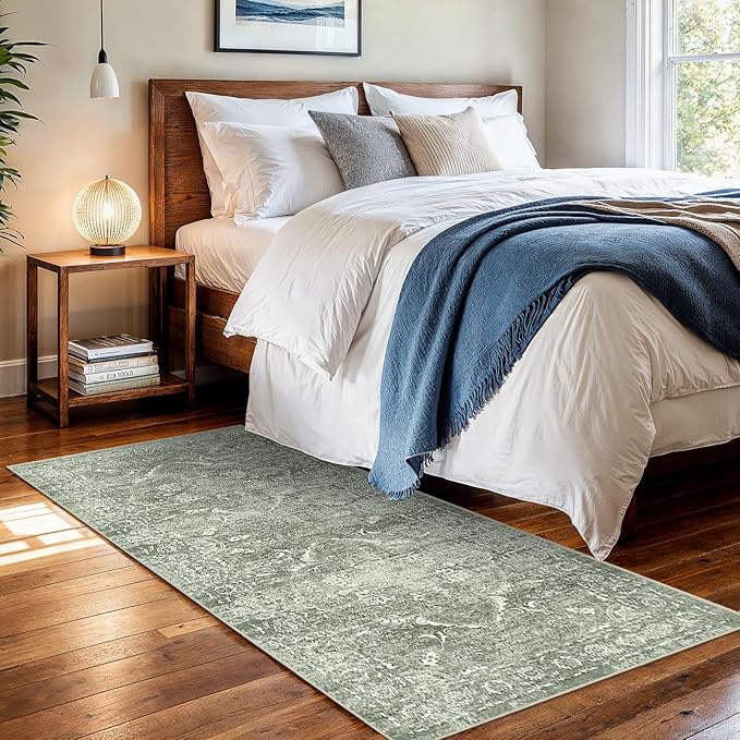 3x6 Washable Hallway Runner Rug - Non Slip Kitchen Runner Rugs with Rubber Backing Vintage Low-Pile Carpet Runners for Entryway Dining Room Laundry Room Home Decor (Muted Sage Green)
