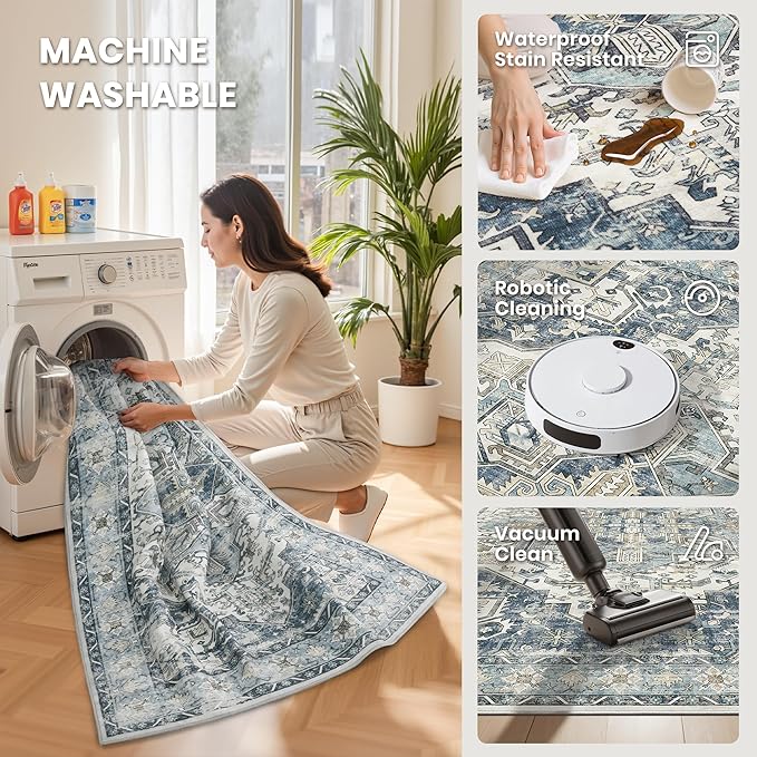 zesthome 10x14 Area Rugs-Washable Rug for Living Room, Non-Slip Backing Rugs, Stain Resistant 10x14 Rug for Bedroom, Ultra-Thin Low Pile Rugs, Vintage Large Home Decor