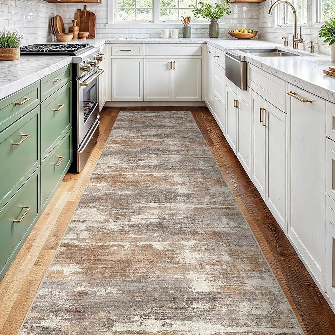 2'6''x12' Washable Kitchen Runner Rug: Modern Abstract Runners for Hallway Soft Non Slip Rugs with Rubber Backing Low Pile Thin Floor Carpet for Entryway Bedroom Bathroom Indoor(Brown/Brick,2'6''x12')