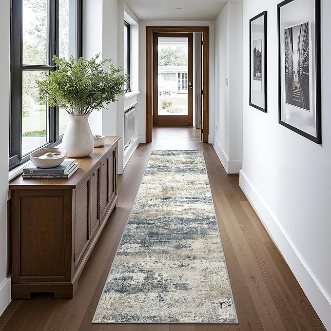 Runner Rug for Hallway Kitchen, 2'6"x10' Machine Washable Runners Rug for Entryway, Soft Modern Abstract Throw Rugs, Low Pile Floor Cover with Non Slip Backing, Navy Beige