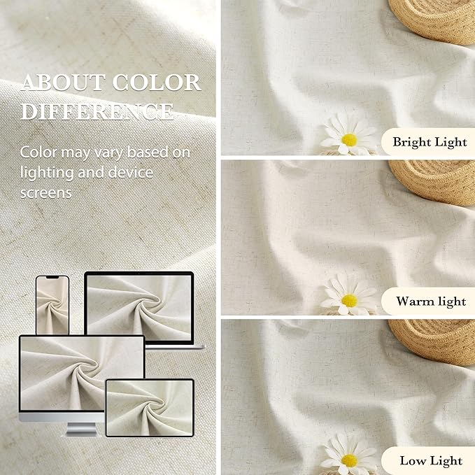 RYB HOME Cream Beige Linen 100% Blackout Curtains for Bedroom W52 x L78, Linen Blackout Curtains Privacy Assurd& Thermal Insulated for Sliding Door/Living Room/Nursery, 2 Panels