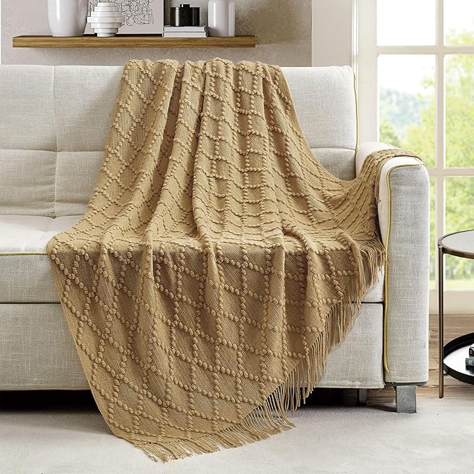 BOURINA Mustard Throw Blanket 50 x70 Inches Jacquard Argyle Throw Textured Solid Soft Throws and Blankets for Sofa or Bed Knitted Decorative Blanket