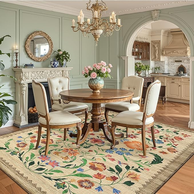 GarveeHome Washable Rug 8x10 Area Rugs for Living Room, Floral Rug for Bedroom, Soft Vintage Non Slip Throw Rugs with Rubber Back, Low Pile Stain Resistant Boho Floral Carpet for Dining Room, Beige