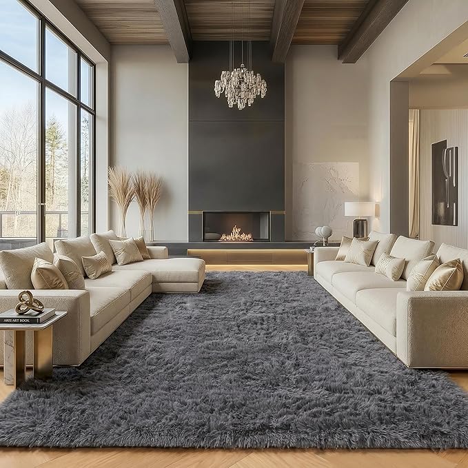 ONASAR Grey Area Rugs 9x12 Living Room, Gray Large Fluffy Shag Bedroom Rug, Soft Plush Thick Shaggy Big Floor Carpet for Kids Boy and Girls Teen Dorm Nursery Indoor Home Decor Aesthetic