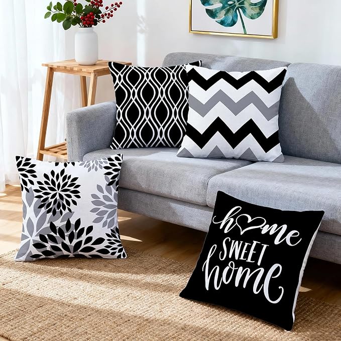 Hexagram Geometric Black Pillow Covers 18x18 Set of 4, Decorative Outdoor Boho Modern Throw Pillow Covers, Home Sweet Home Farmhouse Cushion Case for Couch Sofa Bedroom Indoor Decor(No Insert)