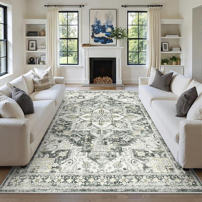 zesthome 9x12 Area Rugs,Stain Resistant Washable Rug,Ultra-Thin Rugs for Living Room,Bedroom,Non-Slip Backing Home Decor Large Area Rug (Grey/Beige,9'x12')