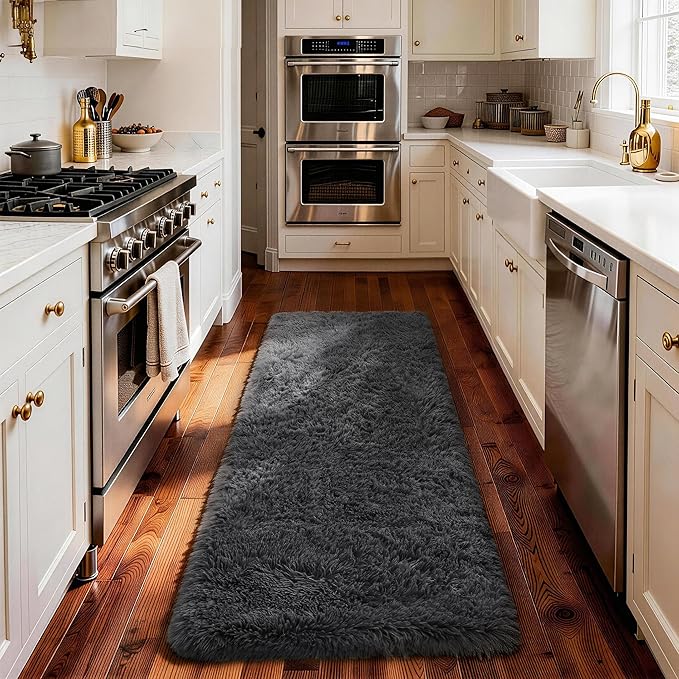 Ophanie Runner Rug for Hallway, 2x5 Upgrade Non-Slip Fluffy Soft Bedside Rugs, Bedroom Living Room Grey Shaggy Gray Carpet for Kids Girls Boys Dorm Nursery Home Decor Aesthetic