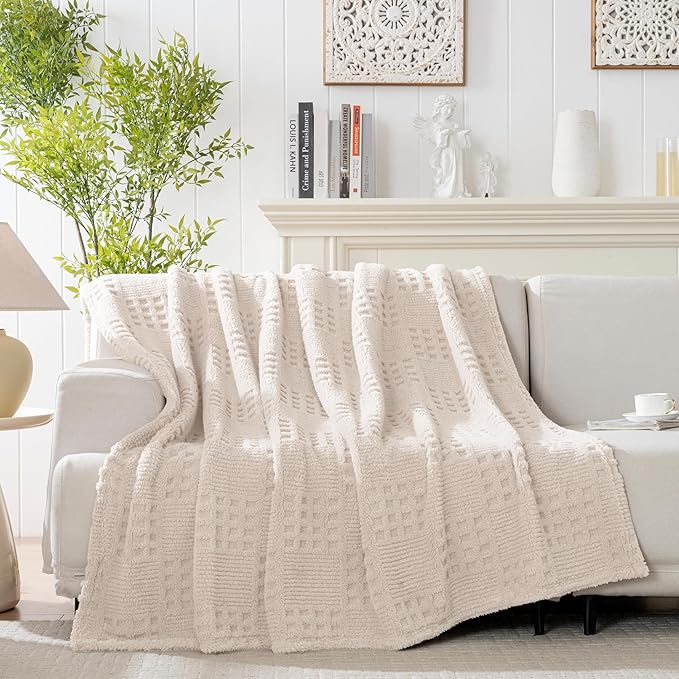 50x70 Inch Waffle Beige Throw Blanket -Fluffy Fleece, Neutral Tan Color, Cute & Aesthetic, Perfect for Sofa, Couch, Chair, Bed, Living Room & Bedroom, All-Season Use, Plush & Cozy Decorative Blanket