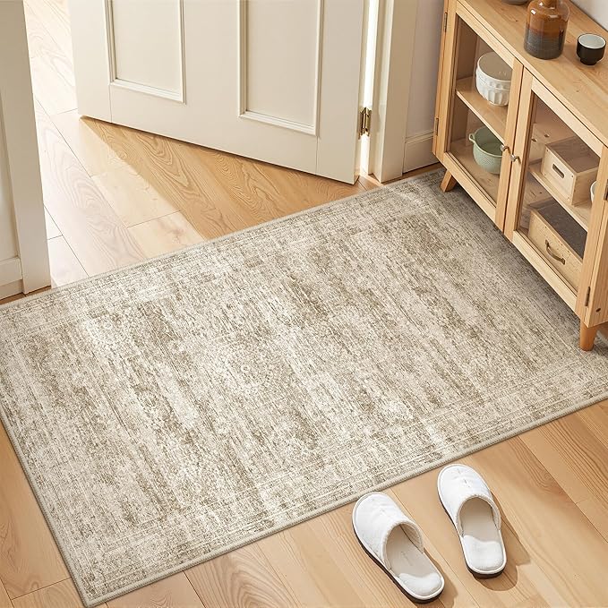2x4 Washable Rug Runner for Bathroom, Soft Entryway Rug for Laundry Room, Kitchen, Vintage Abstract Hallway Runner for Bedroom, Anti-Slip Door Mat Indoor Entrance(2'x4', Brown/Ivory)