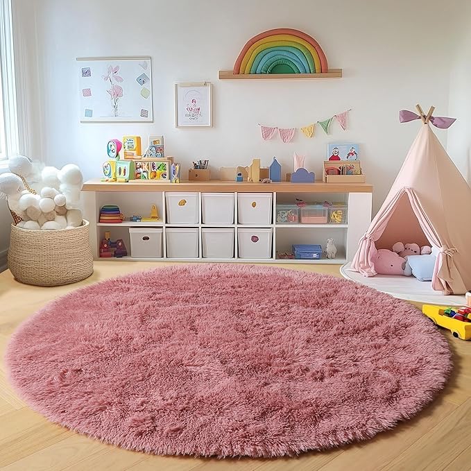 ONASAR Blush Round Rugs 6ft for Living Room Bedroom, Fluffy Circle Area Rug for Kids Girls Boys Teen, Soft Plush Shaggy Carpet for Nursery Dorm Classroom Playroom Home Decor Aesthetic