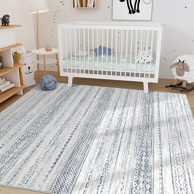 Nakagishi 5x7 Area Rugs Living Room: Washable Boho Large Neutral Soft Farmhouse Rug Stain Resistant Modern Indoor Floor Non-Slip Carpet for Bedroom Nursery Kids Playroom Office Dining Dorm-White Blue