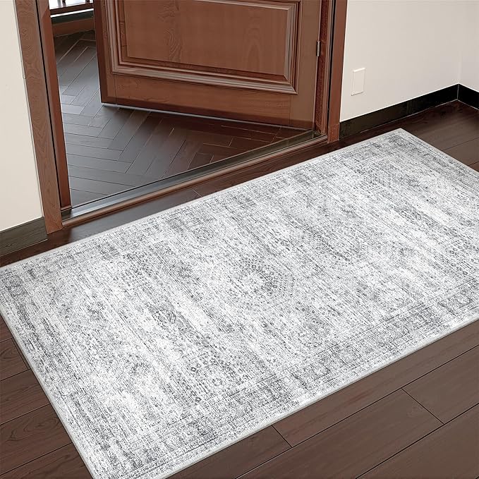 2x4 Washable Rug Runner for Bathroom, Soft Entryway Rug for Laundry Room, Kitchen, Vintage Abstract Hallway Runner for Bedroom, Anti-Slip Door Mat Indoor Entrance(2'x4', Grey/Ivory)