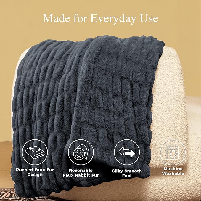 Ultra Soft Cozy Faux Fur Throw Blanket, Fuzzy Plush Thick Bubble Blanket, Oversize Luxury Fluffy Blanket for Couch, Sofa, Bedroom, and Living Room,50x60 Inches,Double Sided Charcoal Gray