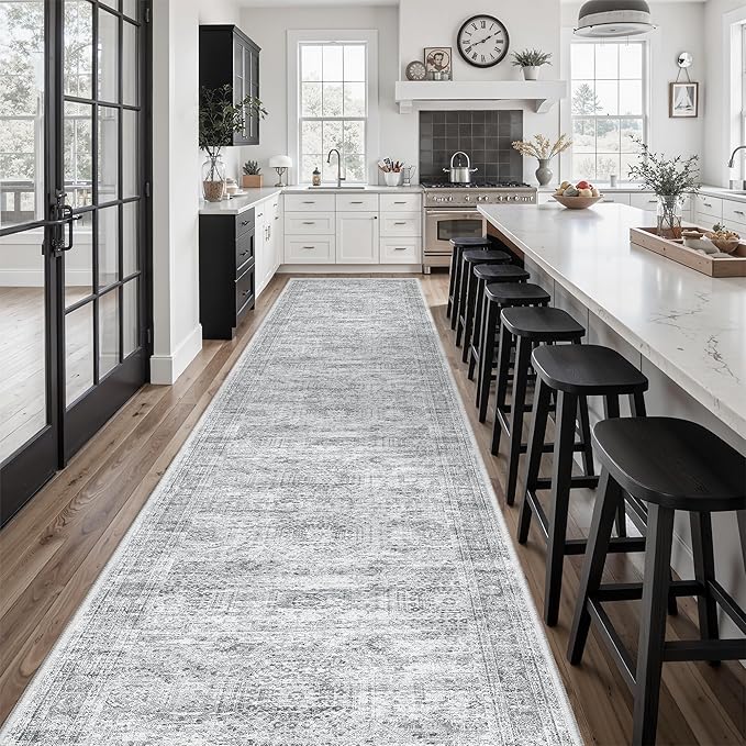 Hallway Runner 3x14 - Runner Rugs 14ft Washable Entryway Rug Vintage Kitchen Runners Non Slip Indoor Rug Farmhouse Carpet Runner for Bathroom Living Room Bedroom, Grey