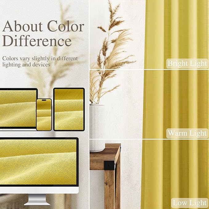Nanspring Celery Yellow Linen Curtains 90 Inches Long 2 Panel Set Back Tab Rod Pocket Light Weight Semi Sheer Neutral Farmhouse Decor for Living Room and Bedroom 52x90