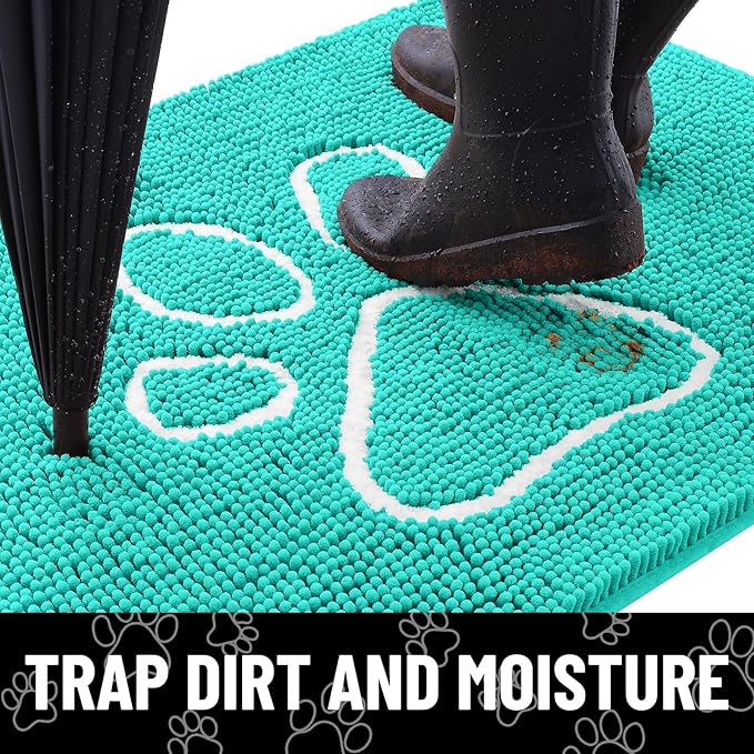 Smiry Dog Door Mat for Muddy Paws, Absorbent Dirt Trapper Non Slip Quick Dry Washable Chenille Mat for Mud Dogs, Entry Rug for Indoor and Outdoor (24x16 Inches, Turquoise and White)