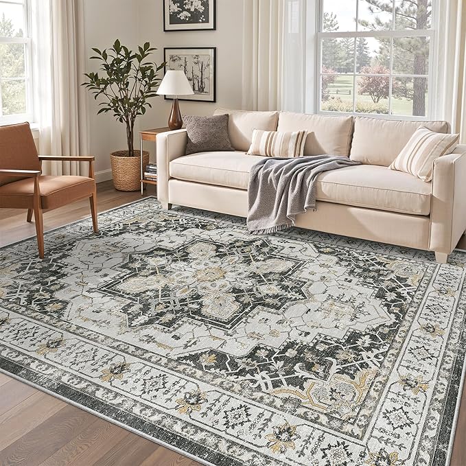 Madane 6x9 Area Rugs for Living Room, Stain Resistant Washable Rugs, Non-Slip Backing Area Rug, Vintage Home Decor Rug for Bedroom (Black, 6'x9')