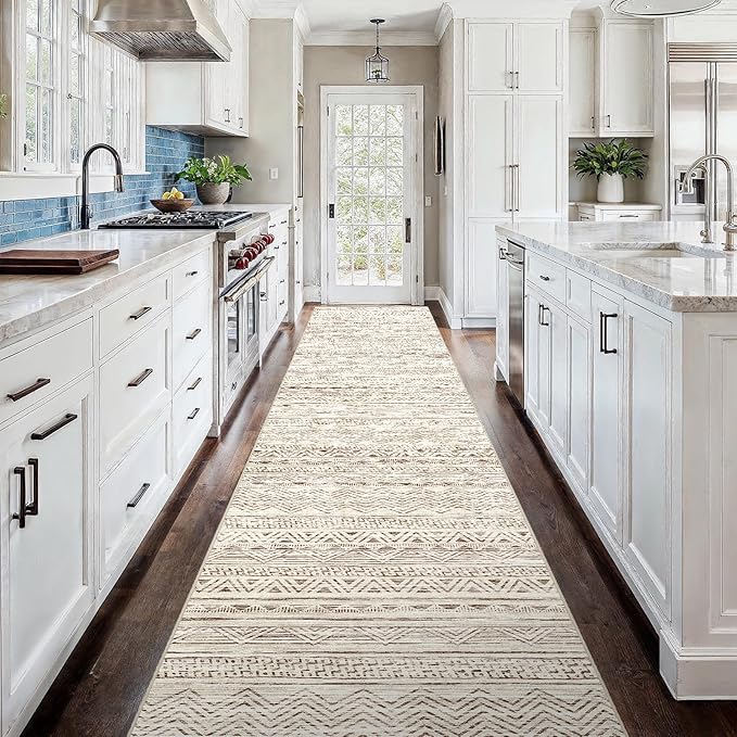 3x18 Washable Kitchen Runner Rug: Modern Moroccan Runners for Hallway Soft Non Slip Rugs with Rubber Backing Low Pile Thin Waterproof Floor Carpet for Entryway Bedroom Bathroom Indoor 3x18 Beige