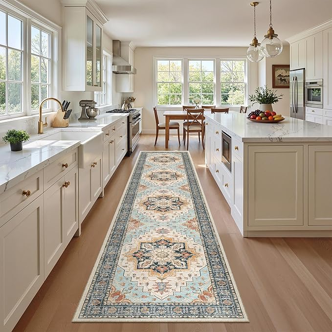 Madane Runner Rugs for Hallway 2x10 Long Washable Non-Slip Hallway Runner Rug Low-Pile Stair Kitchen Runner Soft Throw Carpet for Entrance Living Dining Laundry Room (Orange/Blue, 2 x 10)