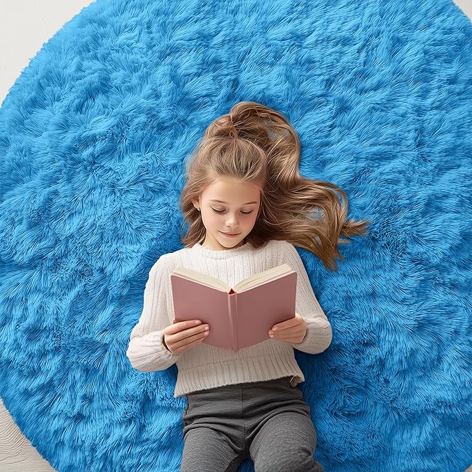 OLANLY Bright Blue Round Rugs for Bedroom - Machine Washable, 5 ft Circle Area Rugs for Living Room, Soft and Fluffy Shaggy Carpet for Teen Girl and Boys, Nursery Rooms, Dorms, Home Decor Aesthetic