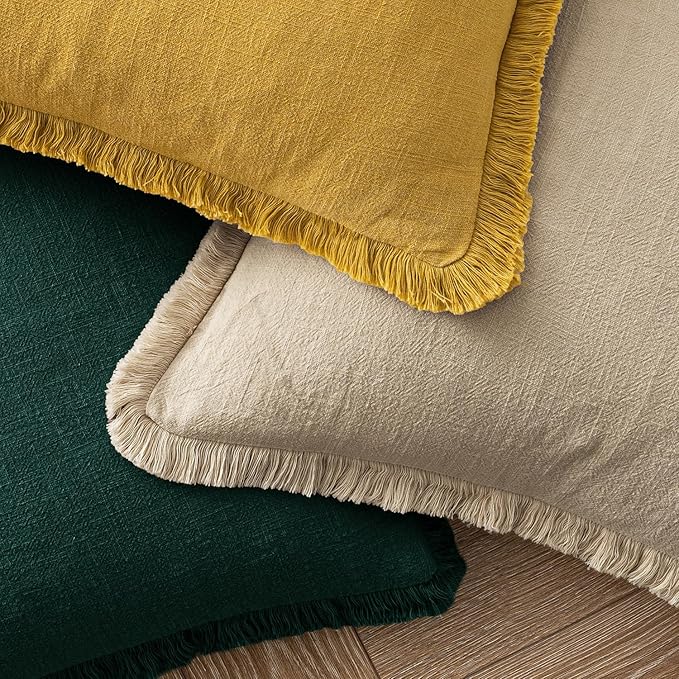 MIULEE Decorative Throw Pillow Covers Neutral Linen Fringe Throw Pillows Set of 2 Beige Boho Farmhouse Cushion Covers with Tassels for Couch Sofa Bed Living Room Spring Home Decor 16x16 Inch