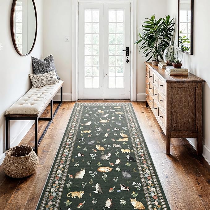 3x7 Washable Kitchen Runner Rug - Soft Low Pile Floral Animal Cat Print Rugs with Non-Slip Backing Waterproof Stain-Resistant Indoor Carpet for Hallway Entryway Bathroom Bedroom (Sage Green)