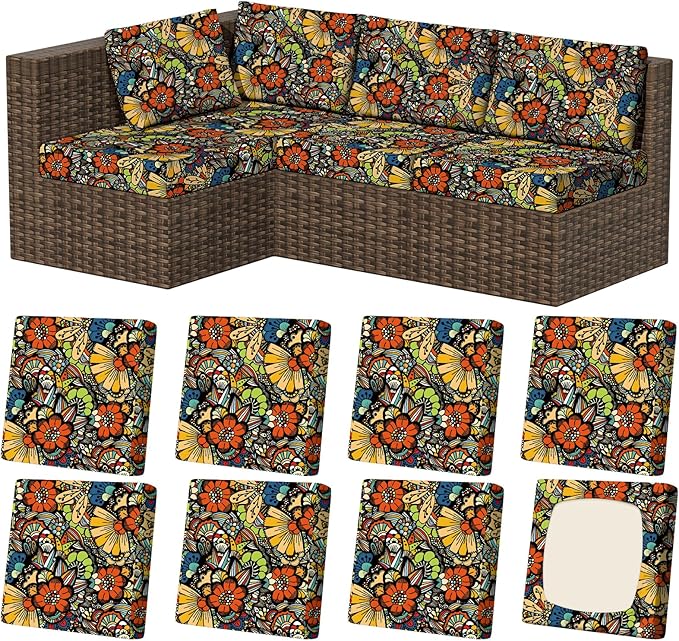 8Pcs Stretch Patio Cushion Covers, Outdoor Couch & Sofa Replacement Slipcovers for Patio Furniture Cushion Covers, Washable Reusable Furniture Protector