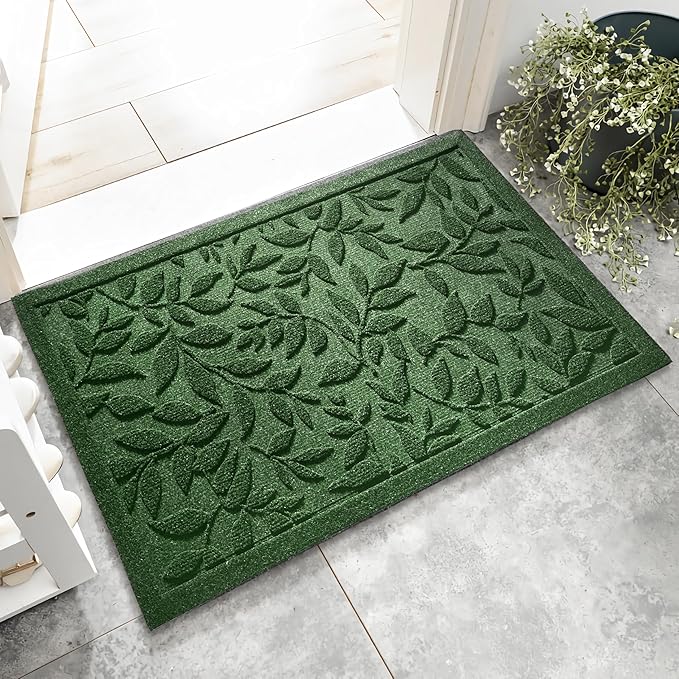 Green Leaves Outdoor Indoor Entrance Door mat, Absorbent Durable Heavy Duty Welcome Front Door Mat,Thick Natural Rubber Back,Easy Clean Entryway Mat 17x30 Inch, Low Profile