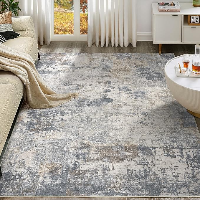 UERMEI 10x14 Area Rug Living Room Rugs - Washable Neutral Modern Abstract Soft Thin Large Rug Indoor Floor No Slip Rug Carpet for Bedroom Under Dining Table Home Office Decor - Blue Grey