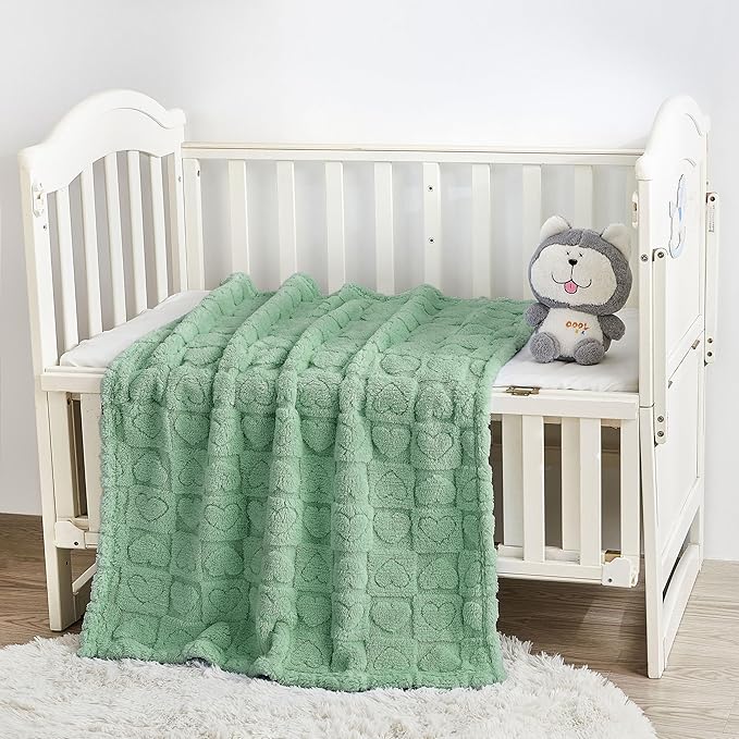 Yurhap Fleece Baby Blanket Heart Checkered, Ultra Soft Cozy Baby Blankets for Boys Girls, Fluffy Infant Toddler Newborn Receiving Gifts for Crib Stroller 30"x40" (Sage Green)