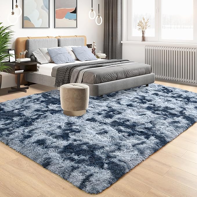 Tepook Soft Fluffy Rugs for Bedroom, 4x6 Area Rug for Living Room, Modern Shaggy Room Rug for Kids Boys Girls, Plush Throw Rugs Indoor Nursery Home Decor Rug with Non-Slip Bottom, Tie-dye Dark Blue