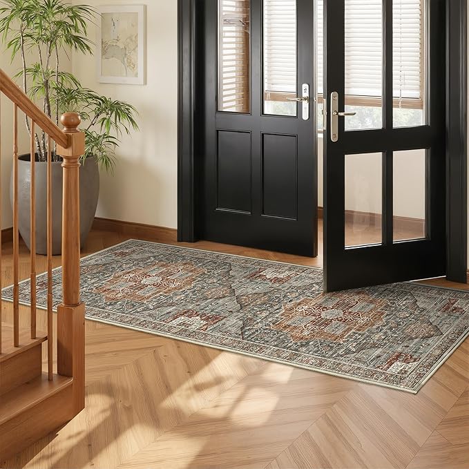 Runner Rug 2x6, Non Slip Washable Rugs for Laundry Room, Runners for Hallways, Low Pile Vintage Soft Rugs for Living Room, Kitchen Bathroom,Bedroom Rug(Grey/Brown/Tan,2'x6')