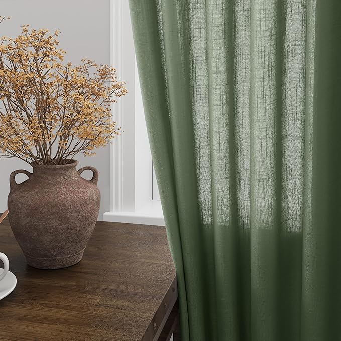 Olive Green Kitchen Cafe Curtains 45 Inch Length 2 Panel Set Back Tab Rod Pocket Semi Sheer Light Filtering Short Curtain Farmhosue Small Curtains for Basement Window Bathroom Living Room 52x45