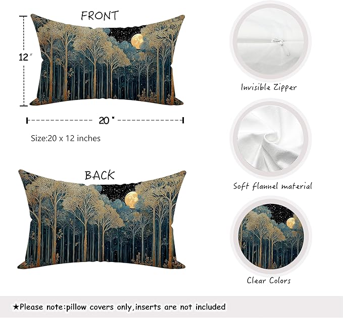 Rustic William Morris Night Forest Green Moon Decor Pillow Covers 12x20 Set of 2,Vintage Botanical Nature Landscape Decorative Throw Pillow Covers for Home Bedroom Living Room