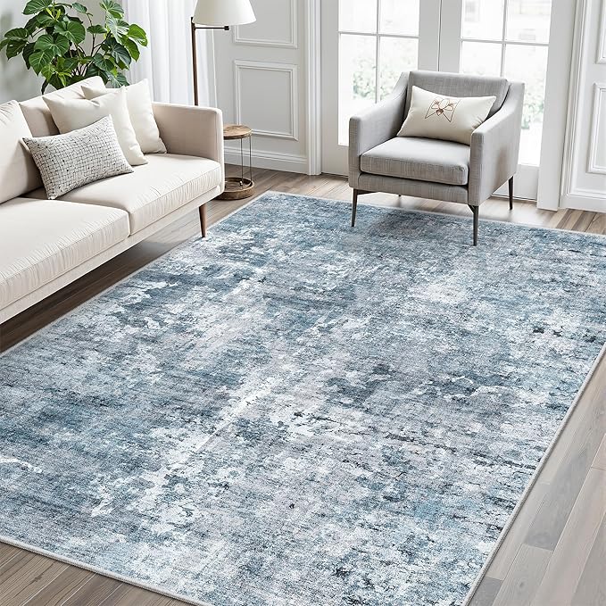 5x8 Area Rugs Blue/Grey Low Pile Indoor Washable Trendy Faded Style Rugs for Bedroom Living Room Dining Room Foldable Non-Slip Thin Print Home Office Mat