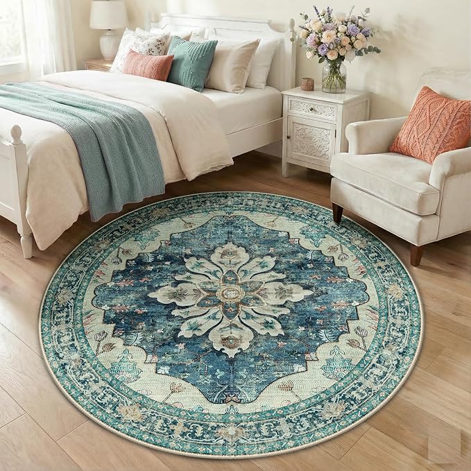 RELEANY Area Rugs 5ft Washable Non-Slip, Floral Vintage Distress Print Pattern Medallion Carpet for Living Room Bedroom Dining Room, Dark Blue Vintage