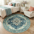 RELEANY Area Rugs 5ft Washable Non-Slip, Floral Vintage Distress Print Pattern Medallion Carpet for Living Room Bedroom Dining Room, Dark Blue Vintage