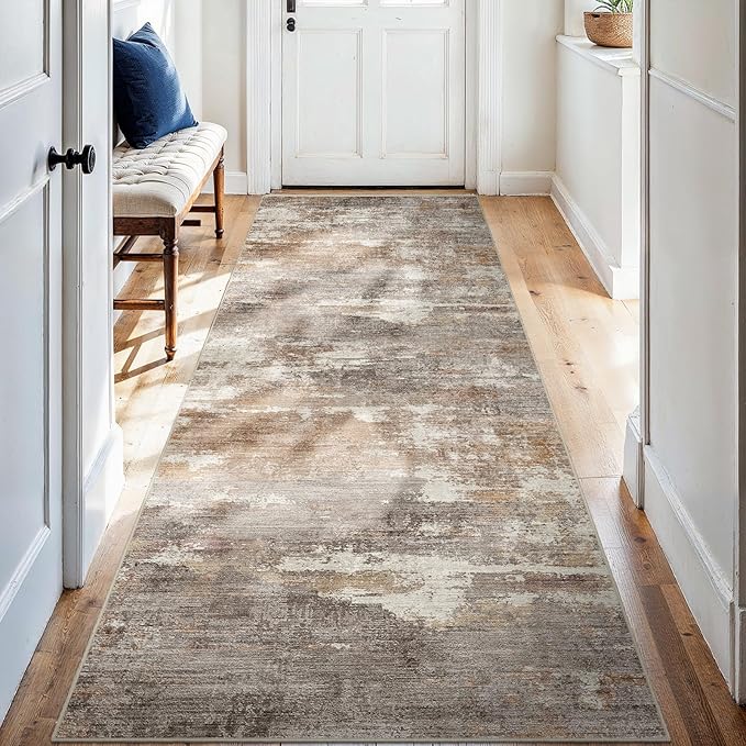 2'6''x8' Washable Kitchen Runner Rug: Modern Abstract Runners for Hallway Soft Non Slip Rugs with Rubber Backing Low Pile Thin Floor Carpet for Entryway Bedroom Bathroom Indoor(Brown/Brick,2'6''x8')