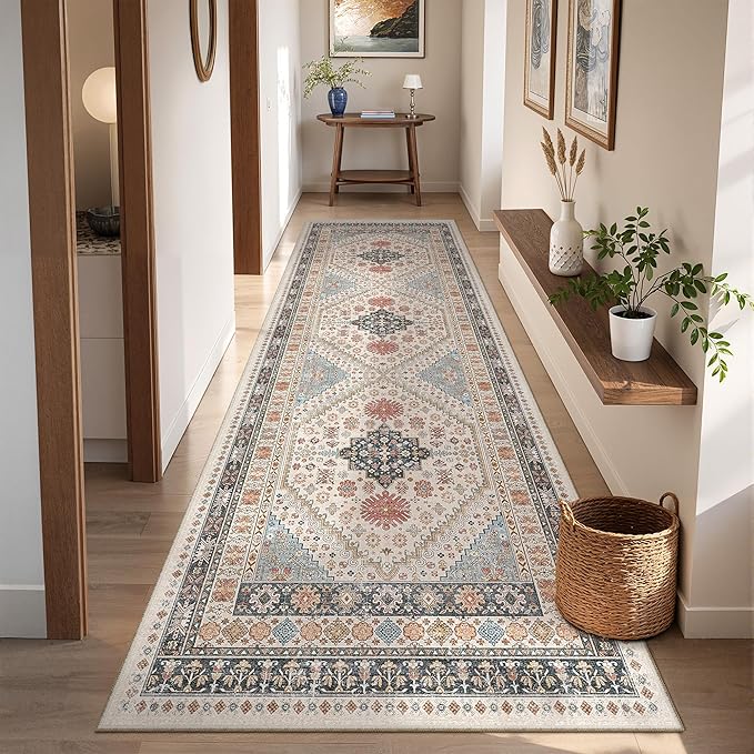 Kitchen Runner Rug Non Slip Washable 2.5x8, Soft Low Pile Entryway Rug Runners for Hallways,Carpet Runner for Living Room,Kitchen, Laundry, Bathroom(Blue/Red/Multi,2.5'x8')