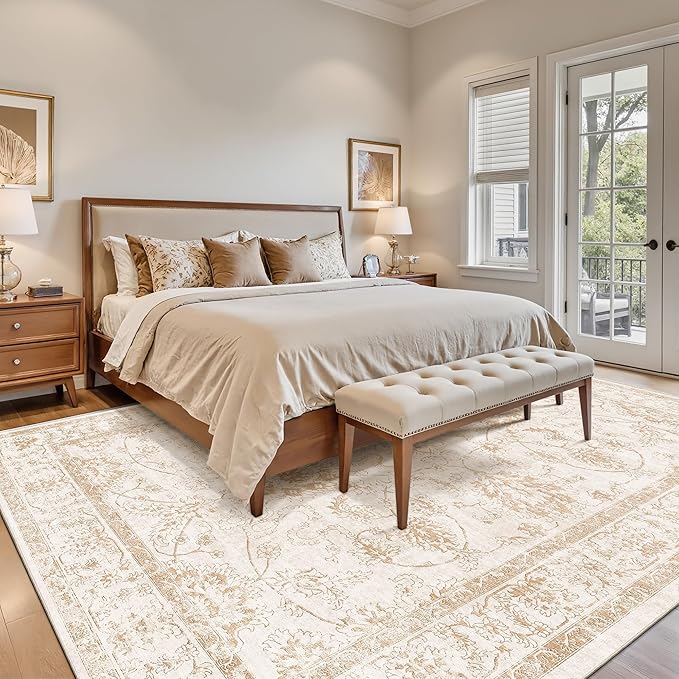 Madane 8x10 Area Rugs for Living Room, Machine Washable Vintage Rug with Non-Slip Backing, Soft Floral Print Large Throw Rugs, Thin Carpet for Bedroom Dining Room Farmhouse (8 x 10, Wood/Ivory)