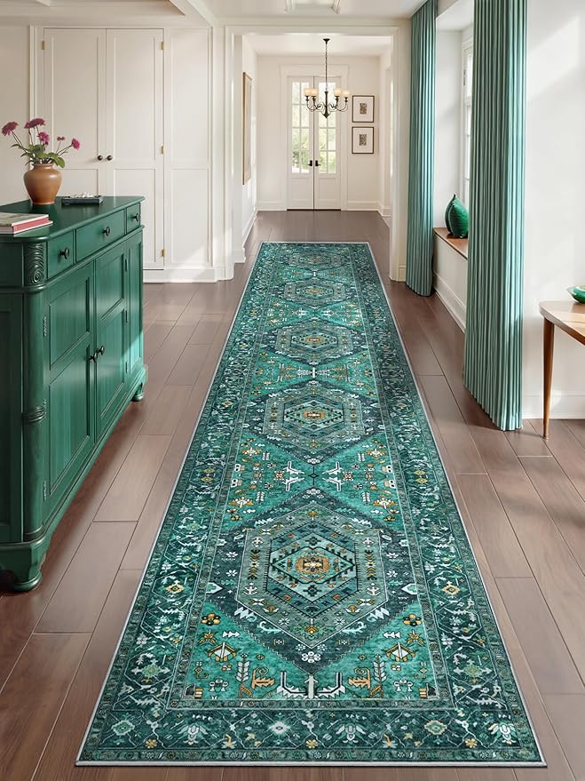 SERISSA Runner Rug for Hallways, 2'6"x14' Washable Non Slip Kitchen Runner Rug, Extra Long Boho Rug Ultra Soft Vintage Teal Print Floor Carpet for Bedroom Hallway Entryway Bathroom Laundry Room