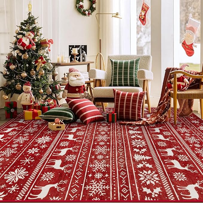 Christmas Rug 4x6 Washable Rugs, Boho Christmas Tree Snowflake Rug Non-Slip Soft Low Pile Non Shedding Indoor Holiday Carpet for Living Room Bedroom Dining Room Home Office (XmasRed, 4'x6')